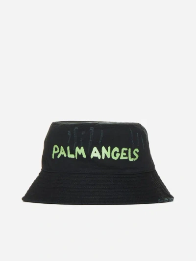Palm Angels Logo Cotton Bucket Hat In Black,green Fluo