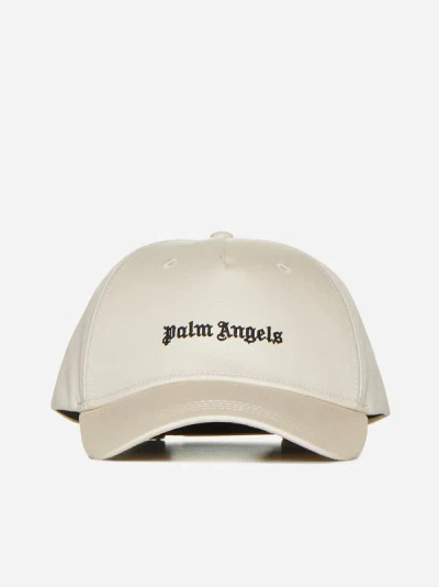 Palm Angels Logo Cotton Baseball Cap In Off White,black