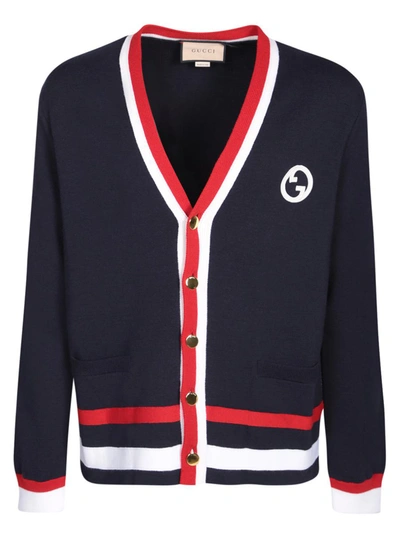 Gucci Knit Wool Cardigan With Patch In Blue+red+ivory