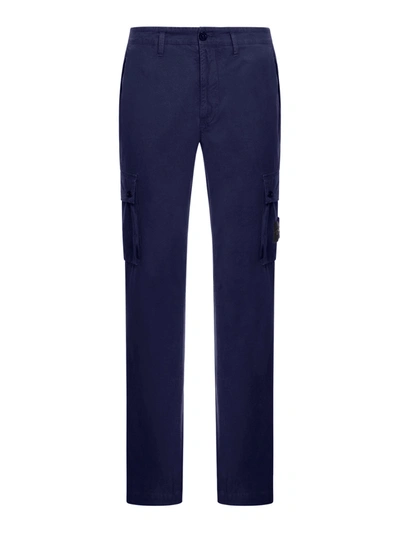 Stone Island Cargo Pants With Logo Patch And Pockets In Stretch Blue Cotton