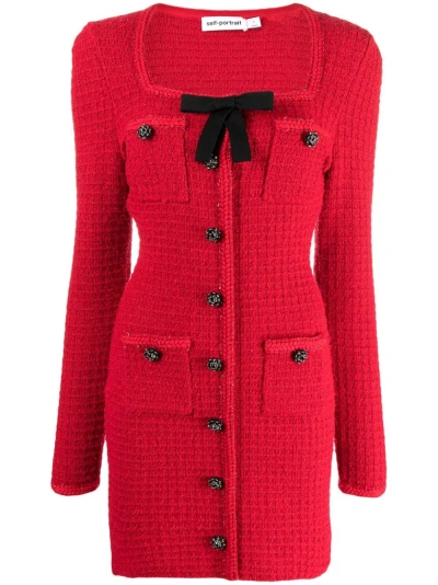 Self-portrait Bow-detailed Tweed Mini Dress In Red
