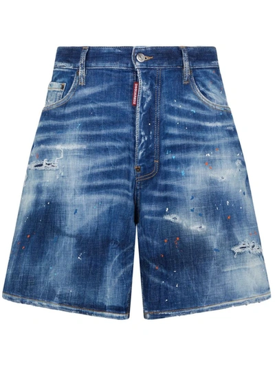 Dsquared2 Paint-splatter Denim Shorts In Navy Blue