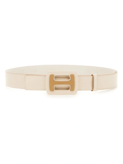 Hogan Logo-plaque Leather Belt In White