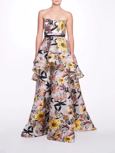 Marchesa Tiered Floral Gown In Ivory Multi