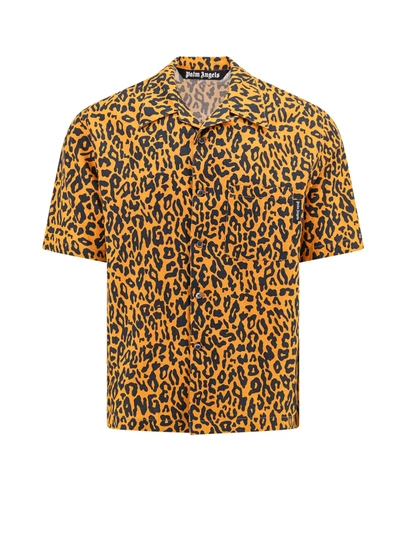 Palm Angels Cheetah Linen Blend Bowling Shirt In Orange