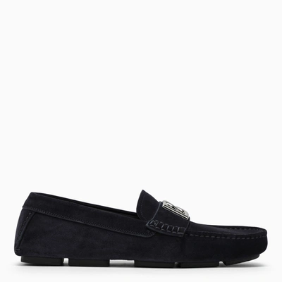 DOLCE & GABBANA BLUE SUEDE LOAFER WITH LOGO