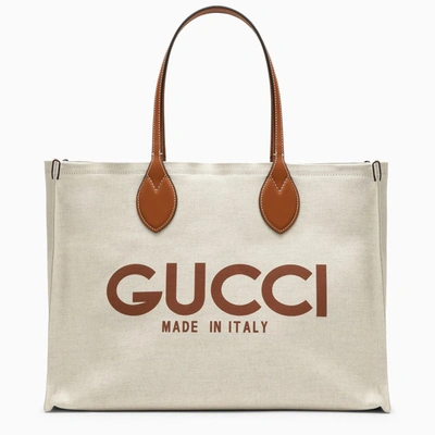 Gucci Big Beige Canvas Tote Bag With Logo In Brown