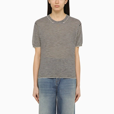 Roberto Collina Ecru/navy Striped T-shirt In Linen Blend In Blue