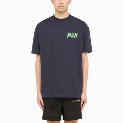 PALM ANGELS BLUE NAVY COTTON T-SHIRT WITH PRINT