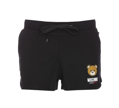Moschino Teddy Bear Patch Drawstring Shorts In Black