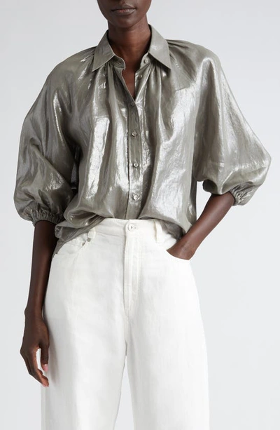 Brunello Cucinelli Metallic Cotton Gauze 3/4-sleeve Blouse With Monili Epaulet In C552 Khaki