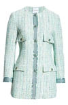 St John Grosgrain-trim Metallic Slub And Tape Tweed Jacket In Jade Multi