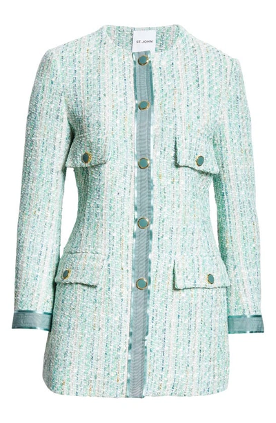 St. John Grosgrain-trim Metallic Slub And Tape Tweed Jacket In Jade Multi