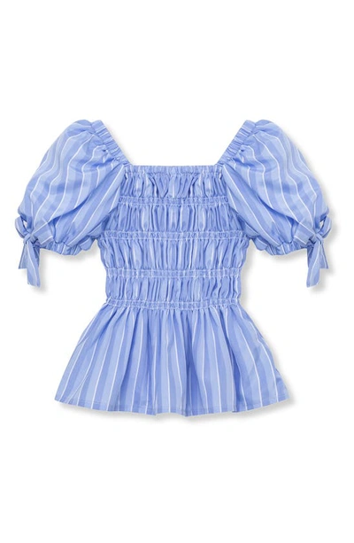 Habitual Kids' Girl's Smocked Stripe Puff-sleeve Top In Blue