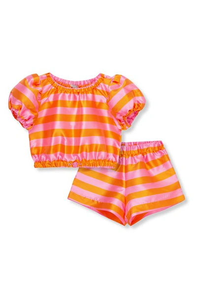 Habitual Kids' Girl's Parachute Striped Shorts Set In Orange/ Pink Stripe
