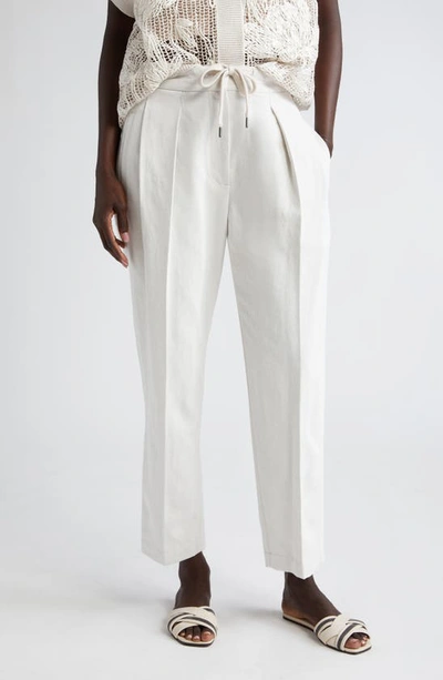 Brunello Cucinelli Cotton-linen Pleated Straight-leg Pull-on Pants In C455 Chalk