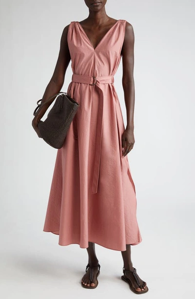 Brunello Cucinelli Crinkle Cotton Belted Maxi Dress With Monili Detail In C9596 Pink