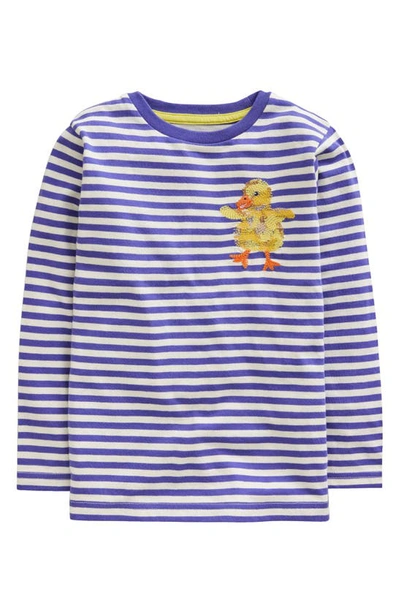 Mini Boden Kids' Stripe Duckling Embroidered Long Sleeve Cotton Cotton Graphic T-shirt In Starboard/ivory