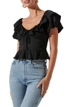 Astr Ruffle Puff Sleeve Satin Peplum Blouse In Black