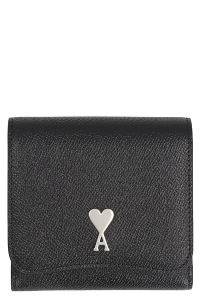 Ami Alexandre Mattiussi Ami Paris Leather Wallet In Noir,argent Vibre