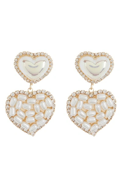 Tasha Crystal & Imitation Pearl Heart Drop Earrings In Gold