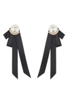 Tasha Imitation Pearl With Crystal And Ribbon Stud Earrings In Black