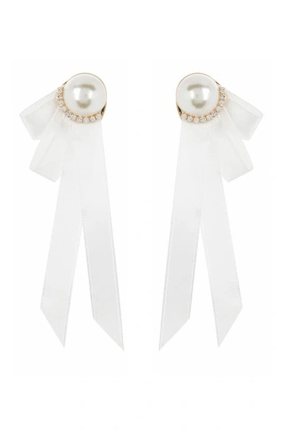Tasha Imitation Pearl With Crystal And Ribbon Stud Earrings In White
