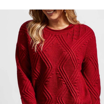 Tribal Long Sleeve Crew Neck Cables Sweater In Red