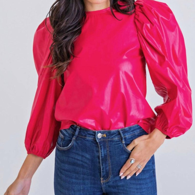 Karlie Solid Pleather Puff Sleeve Top In Hot Pink