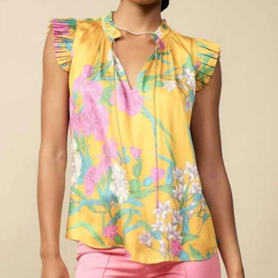 Current Air Border Printed Flutter Sleeve Split Neck Blouse W/ Self Tie In Yellow Multi