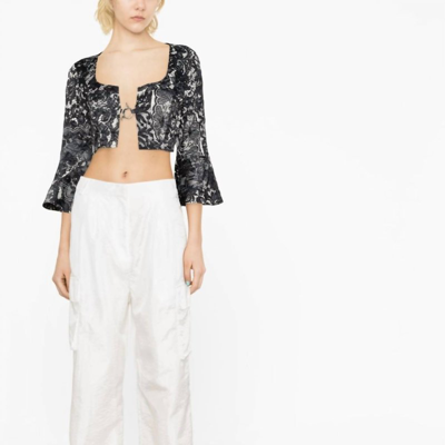 Ganni Lace-print Cropped Blouse In Silver