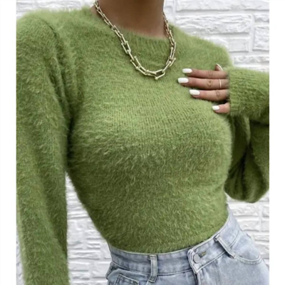 Miss Sparkling Fuzzy Open Back Sweater In Green