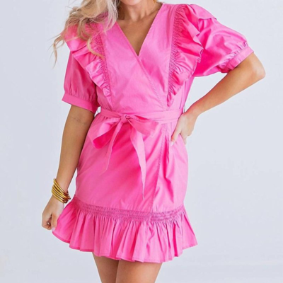 Karlie Solid Poplin Wrap Ruffle Dress In Hot Pink