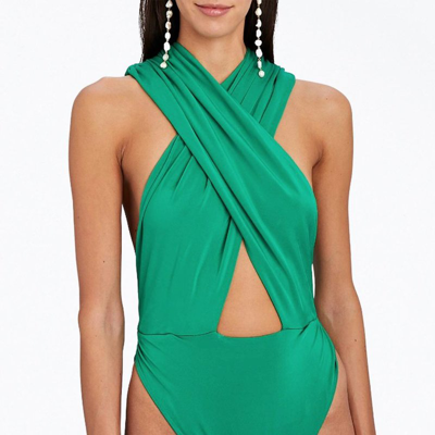 Ronny Kobo Tara Cross-front Slinky Jersey Bodysuit In Poison Green