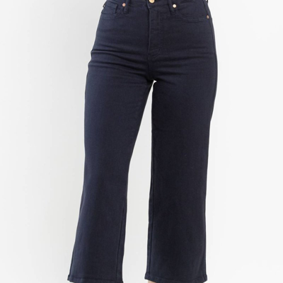 Judy Blue High Rise Garment Dyed Cropped Wide Leg Jeans With Tummy Control In Blue