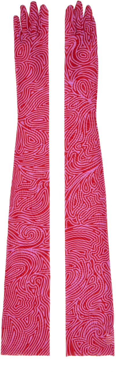 Dries Van Noten Red & Pink Printed Mesh Gloves In 352 Red