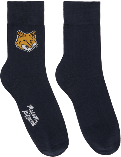 Maison Kitsuné Navy Fox Head Socks In P476 Ink Blue