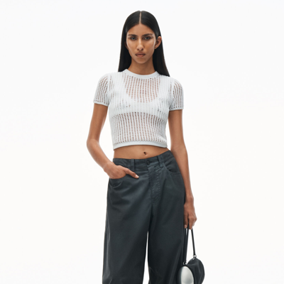Alexander Wang Crochet Cropped Crewneck Tee With Logo In White