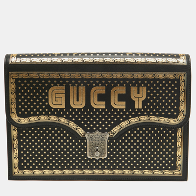 Pre-owned Gucci Black/gold Leather Printed Guccy Portfolio Clutch