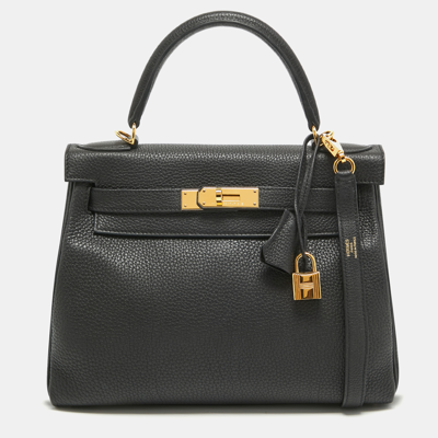 Pre-owned Hermes Noir Togo Leather Gold Finish Kelly Retourne 28 Bag In Black