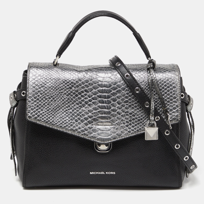Pre-owned Michael Kors Black/silver Leather And Snakeskin Embossed Leather Medium Bristol Top Handle Bag