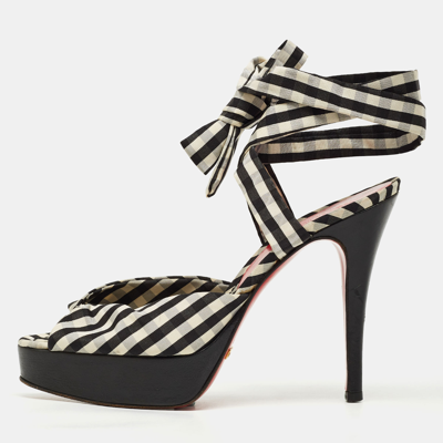 Pre-owned Dolce & Gabbana Black/white Plaid Fabric Platform Ankle Tie Sandals Size 38