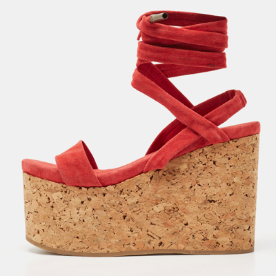 Pre-owned Isabel Marant Red Suede Wedge Ankle Strap Sandals Size 37 In Pink