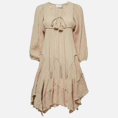 Pre-owned Zimmermann Bayou Beige Crinkled Ramie And Cotton Asymmetric Tiered Dress M