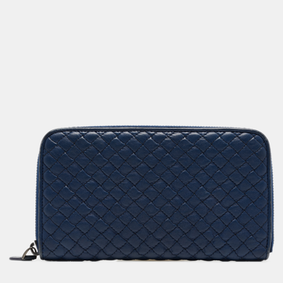 Pre-owned Bottega Veneta Blue Quilted Leather Zip Around Wallet