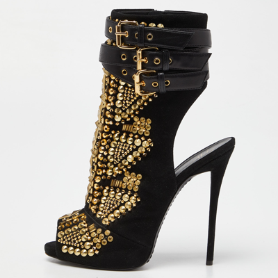 Pre-owned Giuseppe Zanotti Black Suede And Leather Studded Cutout Peep Toe Ankle Boots Size 37