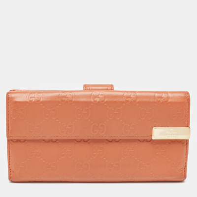 Pre-owned Gucci Ssima Leather Trademark Continental Wallet In Orange