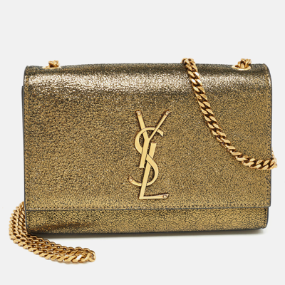 Pre-owned Saint Laurent Gold Crackled Leather New Small Kate Wallet On Chain