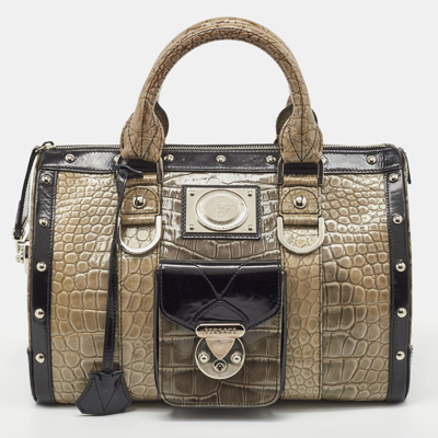 Pre-owned Versace Black/beige Croc Embossed And Patent Leather Studded Madonna Satchel
