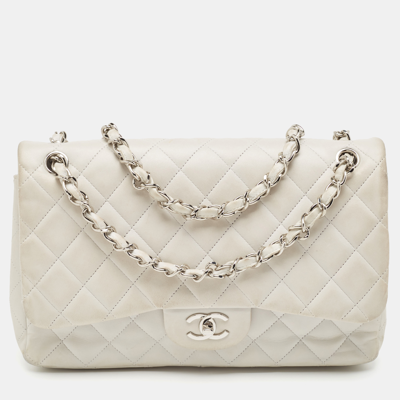 Pre-owned Chanel Light Grey Quilted Leather Jumbo Classic Double Flap Bag